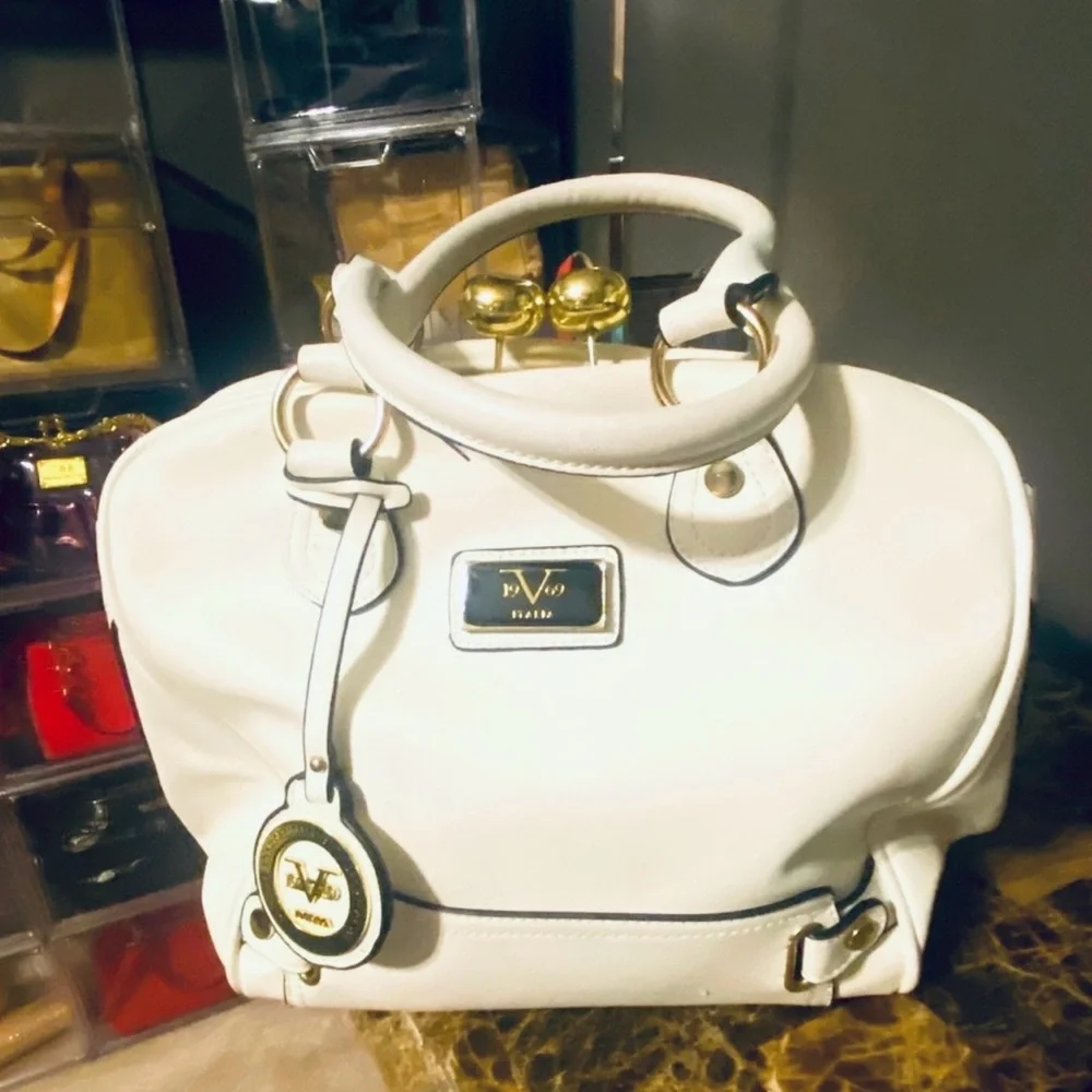 VERSACE 19V69 White Cambridge Kiss Lock Satchel Handbag, Vintage. EUC